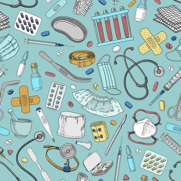 Seamless Pattern Medical Items Blue Background Vector — Stockový vektor