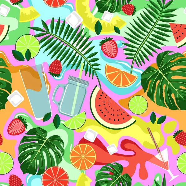 SEAMLESS PATTERN WITH BRIGHT DRINKS AND FRUITS ON A PURPLE BACKGROUND IN VECTOR