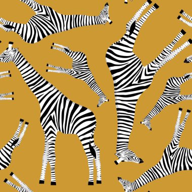 Altın bir arka plan üzerinde çizgili zebra şeklinde stilize edilmiş zürafalar.