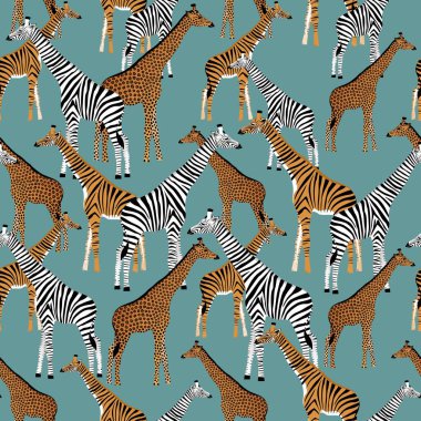 Zebra, leopar ve kaplan boyalı stilize zürafalar vektör içinde açık mavi bir arkaplanda