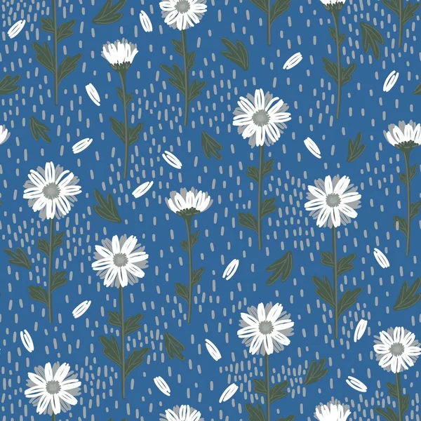 Patrón Inconsútil Con Daisies Blancos Jefe Azul Vector — Archivo Imágenes Vectoriales