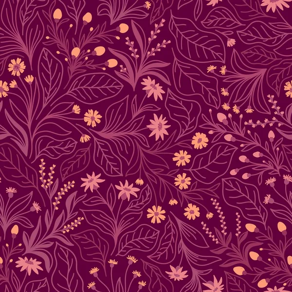 Nahtloses Muster Mit Verschiedenen Wildblumen Und Blättern Auf Fliederfarbenem Hintergrund — Stockvektor