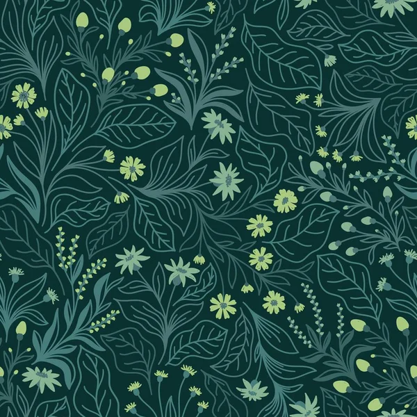 Seamless Pattern Different Wildflowers Leaves Emerald Background Vector — Stock Vector