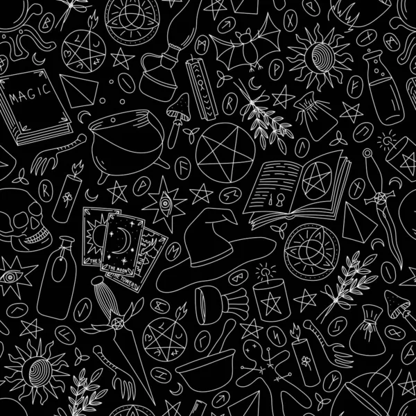 Seamless Pattern Magic Items Black Ground Vector — стоковий вектор