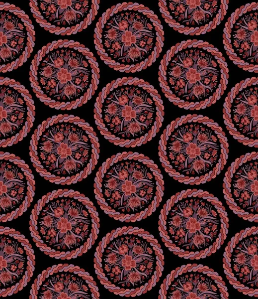 Motif Sans Couture Avec Des Bouquets Fleurs Sauvages Rouges Cercles — Image vectorielle