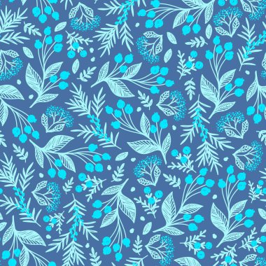 Mavi arka planda turkuaz meyveli kusursuz desen.