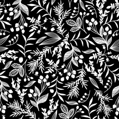 Beyaz sonbahar meyveleri ve siyah bir arka plan vektör üzerinde kusursuz desen.