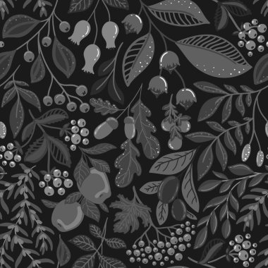 Gri sonbahar böğürtlenleri ve siyah arka planda meyveleri olan kusursuz bir desen.