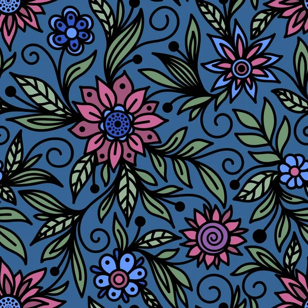 Patrón Sin Costuras Con Flores Azules Rosadas Sobre Fondo Azul — Archivo Imágenes Vectoriales