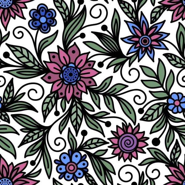 Seamless Pattern Blue Pink Flowers White Background Vector — Stock Vector