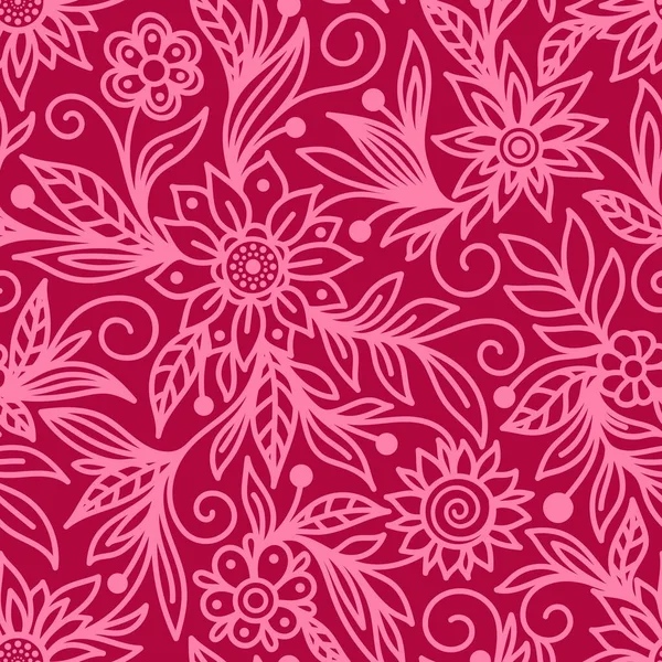 Nahtloses Muster Mit Einer Silhouette Aus Rosa Blumen Auf Karminrotem — Stockvektor