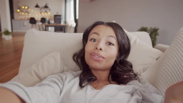 Chest Handheld Pov Shot Beautiful Young Mixed Race Woman Lying — Vídeo de Stock