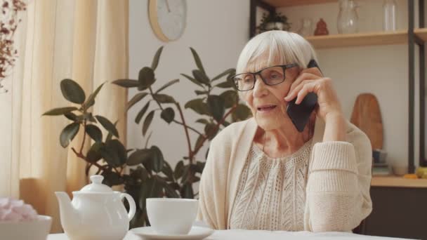 노랗고 백발의 여자가 안경을 식탁에 찻잔을 집에서 전화로 이야기하는 — 비디오