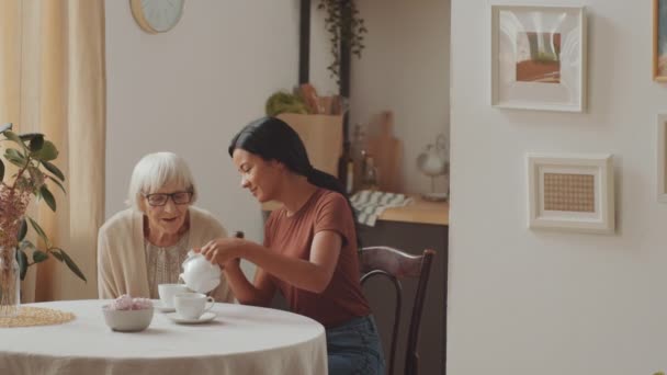 Молодая Женщина Сиделка Наливает Чай Чашки Улыбается Разговаривает Старшей Женщиной — стоковое видео