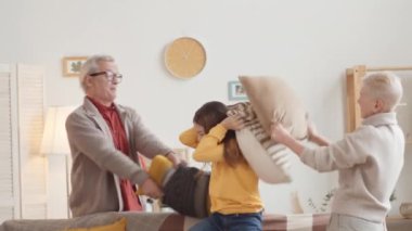 Neşeli, gri saçlı, son sınıf beyaz büyükanne ve büyükbabası ve 10 yaşında sevimli bir torunu var. Birlikte eğleniyorlar ve evde yastıklarla kavga ediyorlar.
