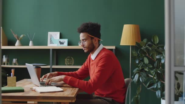 Vista Lateral Del Joven Hombre Negocios Raza Mixta Con Lápiz — Vídeos de Stock