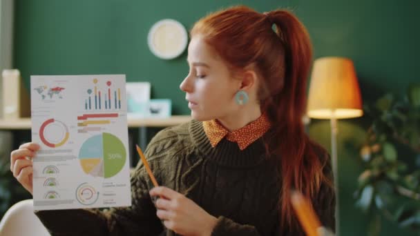 Молодая Рыжая Деловая Женщина Объясняющая Финансовые Диаграммы Бумажном Слайде Перед — стоковое видео