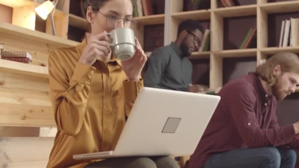 Tilting Waist Shot Young Caucasian Female Freelancer Sitting Laptop Bench — Stockvideo