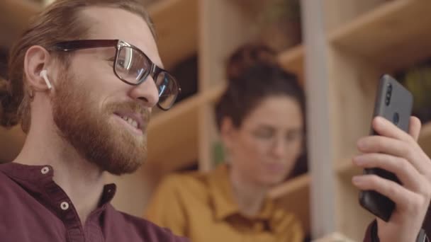 Close Shot Young Red Haired Caucasian Hipster Man Glasses Full — Stok Video