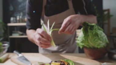 Erkek aşçı restoran mutfağında garnitür yaparken kasenin üstüne sebze ve tavuk koyuyor.