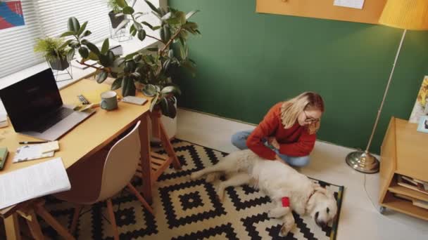 High Angle View Young Blonde Woman Sitting Floor Home Office — Stock Video