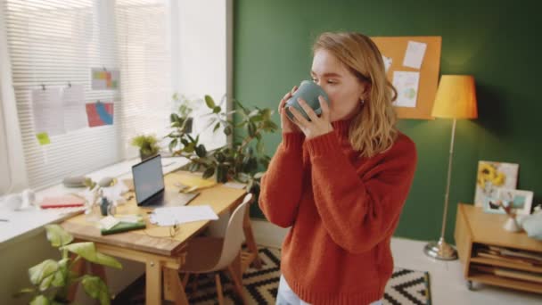 Portrait Zoom Shot Young Pretty Woman Standing Home Office Drinking — Stock Video