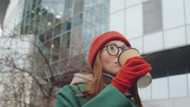 Low Angle Shot Van Jonge Mooie Vrouw Glazen Buitenkleding Buiten — Stockvideo