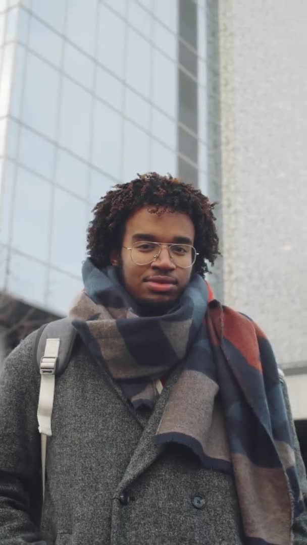 Vertical Portrait Shot Young Confident Afro American Man Coat Scarf — Stock Video