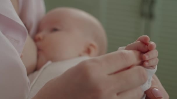 Close Shot Van Liefdevolle Moeder Aanraken Kleine Hand Van Baby — Stockvideo