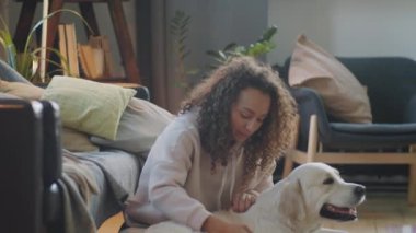 Genç ve neşeli bir kadının evde yerde oturup tatlı Golden Retriever köpeğini fırçalarkenki görüntüsü.