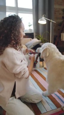 Genç esmer kadının oturma odasında yerde oturup köpekle römorkör oynarken halat çektiği dikey format görüntüsü.