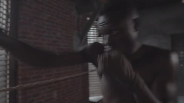 Підстрелений Молодими Афроамериканськими Бійцями Чоловічої Статі Голим Боксом Грудях Приміщенні — стокове відео