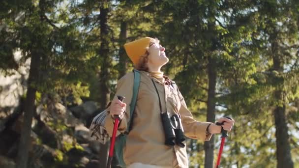 Tiefansicht Einer Fröhlichen Seniorin Die Mit Trekkingstöcken Den Bergen Steht — Stockvideo
