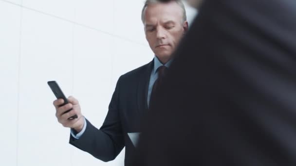 Waist Arc Shot Middle Aged Caucasian Businessman Suit Tie Standing — Stock Video