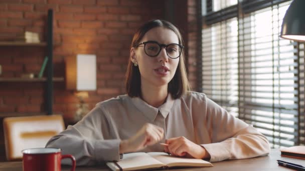 Young Beautiful Woman Sitting Desk Loft Office Taking Notes Smiling — Stock Video