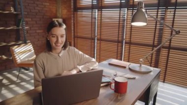 Ofiste çalışırken genç ve güzel iş kadınının gülümseyişini, el sallamasını ve online video görüşmesini.