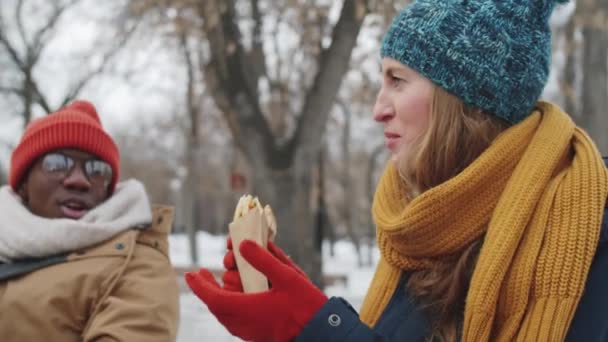 장애인아 미국인 휠체어를 겨울에 야외에 샌드위치를 커피를 마시며 — 비디오