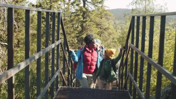 Familia Multiétnica Caminando Con Mochilas Sendero Parque Nacional Mirando Naturaleza — Vídeo de stock