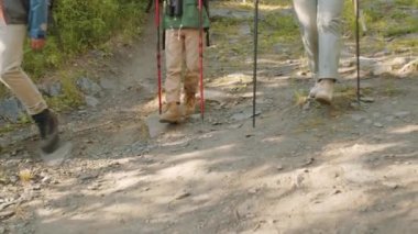 Neşeli, etnik çeşitlilikte bir aile çifti ve karışık ırktan küçük bir çocuk yürüyüş direkleri ve sırt çantalarıyla yürüyor, yaz tatilinde doğa yürüyüşü yaparken gülümsüyor ve konuşuyor.