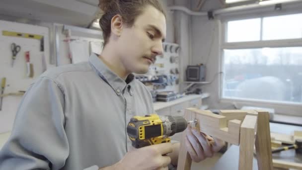 Chest Arc Shot Young Caucasian Man Making Piece Furniture Carpentry — Stock Video