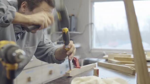 Chest Shot Young Caucasian Male Artisan Bending Worktop Carpentry Workshop — Vídeos de Stock