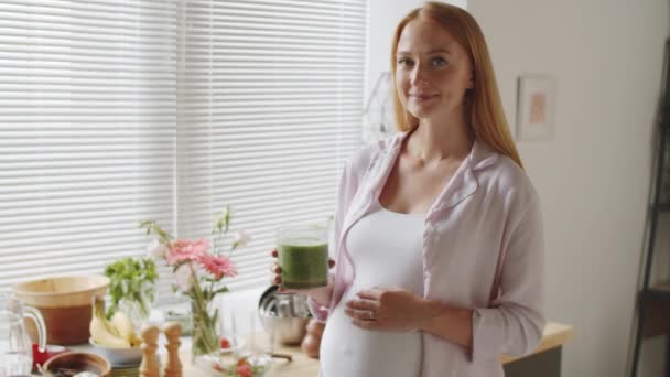 Waist Shot Beautiful Pregnant Woman Standing Kitchen Home Holding Glass — Stock Video