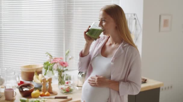 Średnie Ujęcie Pięknej Kobiety Ciąży Dotykającej Brzucha Pijącej Zielony Koktajl — Wideo stockowe
