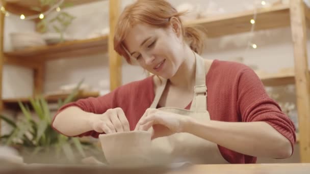 Chest Shot Happy Young Woman Red Hair Ponytail Apron Shaping — Stock Video