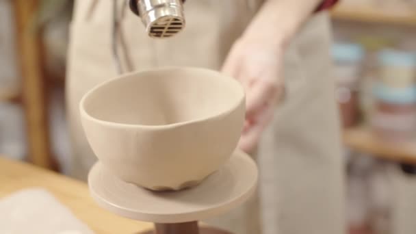Close Shot Hands Anonymous Female Crafter Apron Turning Pottery Wheel — Stock Video