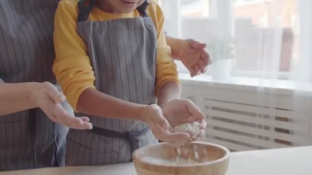 Zoom Shot Excited Little Girl Apron Throwing Flour Air Clapping — Stock Video