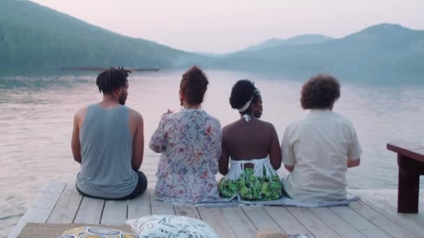 Rückansicht Einer Gruppe Junger Multiethnischer Männer Und Frauen Die Abends — Stockvideo