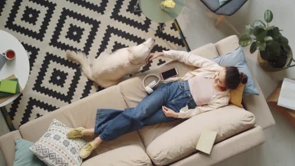 Vista Cima Mulher Deitada Sofá Casa Acariciando Bonito Cão Golden — Vídeo de Stock