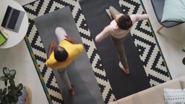 Directement Dessus Plan Couple Multiethnique Vêtements Sport Pratiquant Yoga Ensemble — Video