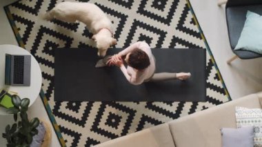 Doğrudan kadının dizüstü bilgisayarda antrenman izlemesini ve köpek oturma odasında dolaşırken egzersiz minderinde hareketlenmeyi denemesini izlemenin üstünde.